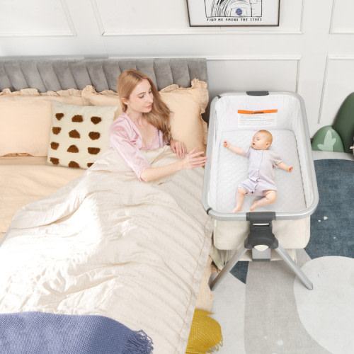 Baby Bassinet Bedside Sleeper with Storage Basket and Wheel for Newborn-Beige
