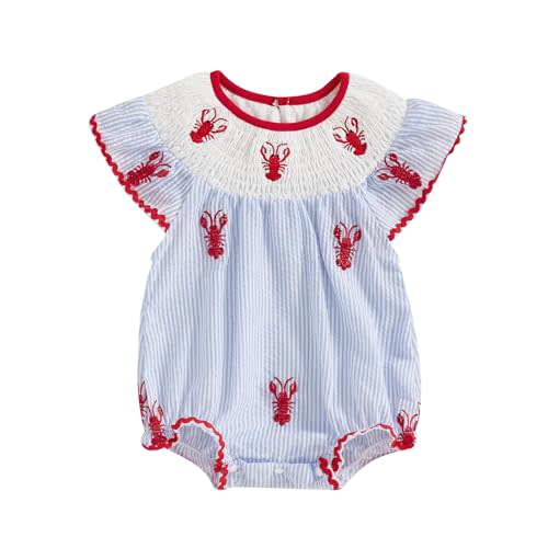 YOKJZJD Newborn Baby Girl Crawfish Smocked Bubble Romper Lobster Ruffle Short Sleeve Bodysuit Jumpsuit Summer Outfits