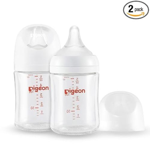 Pigeon Glass Nursing Bottle Wide Neck, Anti-Colic, Streamlined Body, Natural Feel, Easy to Clean, Heat-Resistant, 5.4 Oz (Pack of 2), Includes 2pcs SS Nipples (0m+)