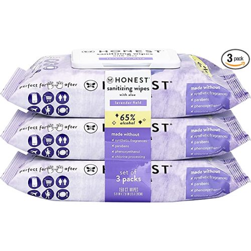 The Honest Company Sanitizing Alcohol Wipes | Kills 99% of Germs, Made With Aloe | Lavender, 150 Count (3 Packs of 50)