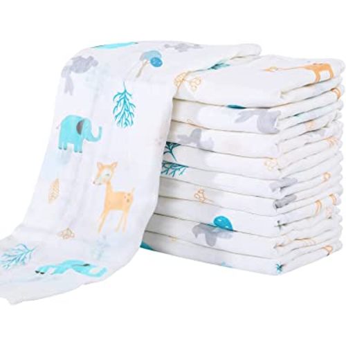 Yoofoss Muslin Burp Cloths for Baby 10 Pack 100% Organic Cotton Baby Washcloths for Boys Girls Large 20''X10'' Super Soft and Absorbent Elephant