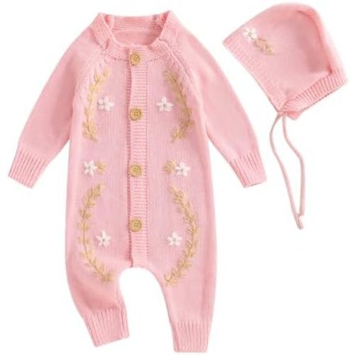 Baby Girl Sweater Coming Home Outfit Newborn Winter Clothes Long Sleeve Embroidered Knit Onesie Romper and Hat