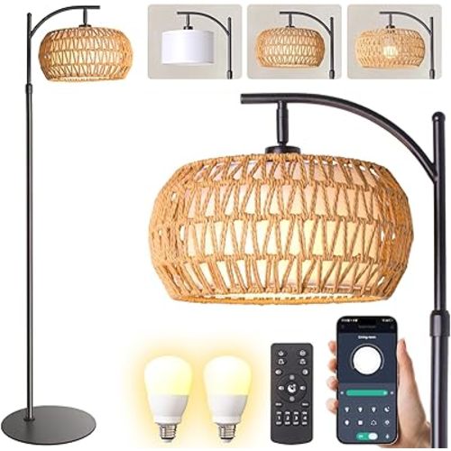 Boho Rattan Floor Lamp with Shade - 12W Bright LED Bulb, Adjustable Height 48-60 Inch, Remote Control 3 Color Temperatures, Handwoven Arc Standing Light for Living Room