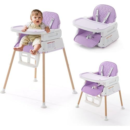 3 in 1 Baby High Chair, Portable High Chairs for Babies and Toddlers, Adjustable Convertible Infant Baby Feeding Chair Booster for Eating with Detachable Double Tray, 5 Point Harness, Footrest Purple