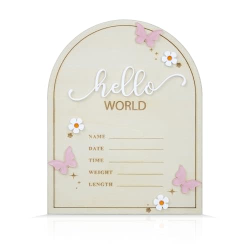 Baby Announcement Sign Wooden Hello World Birth Announcement With Flowers Plaques for Photo Props Baby Shower Hospital Nursery (Flower)