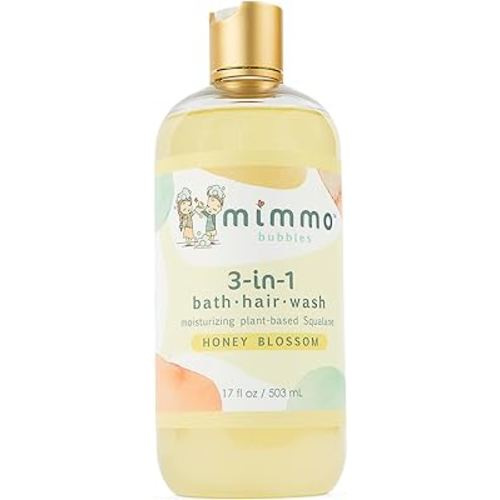 Mimmo Bubbles Moisturizing 3-in-1 Bubble Bath, Shampoo & Body Wash with Organic Aloe & Shea Butter, plus Plant-Based Squalane - Gentle for All Ages with Sensitive Skin - Vegan & Hypoallergenic 17 oz