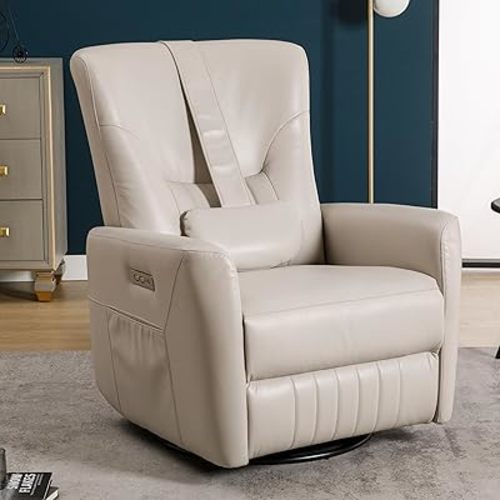 Luxlen Power Recliner Chair Swivel Glider with Lumbar and Neck Support Pillow, Heavy Duty Motion Mechanism with USB and Type-C Ports-Beige