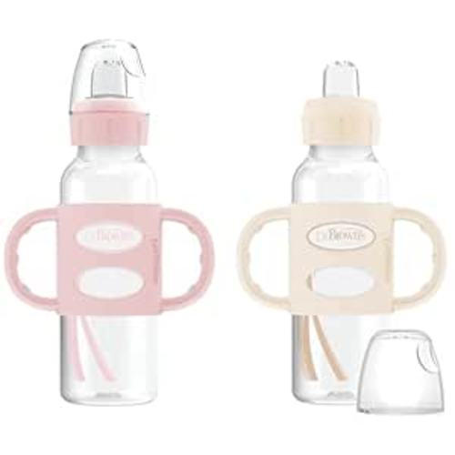 Dr. Brown's Milestones Narrow Sippy Spout Bottle with 100% Silicone, Easy-Grip Handles and Soft Sippy Spout, 8oz/250mL, Light Pink and Ecru, 2-Pack, 6m+