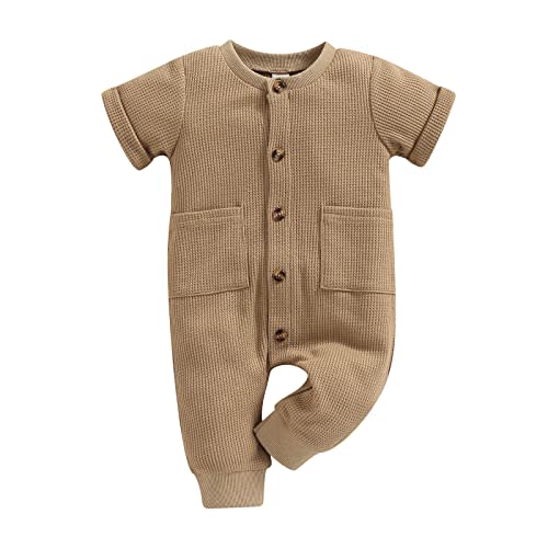 Ynibbim Winter Newborn Baby Boy Girl Solid Romper Unisex Infants Hooded Outfit Clothes Waffle Cotton Button Jumpsuits