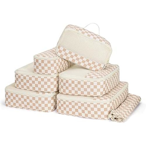 Narwey 7 Set Checkered Packing Cubes for Travel Carry on Suitcase Luggage Organizer Bags for Kids Women Men, Durable Packing Organizers Bag, Travel Essentials Accessories (Light Checkerboard)