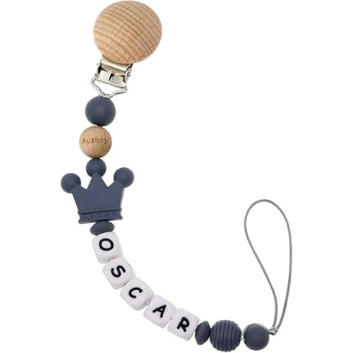 Personalized Crown Stroller Clip with Name (Grey)