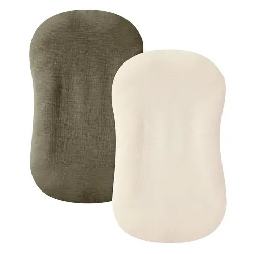 Muslin Baby Lounger Cover 2 Pack, 100% Cotton Infant Lounger Cover, Soft & Breathable Replacement Slipcover, Compatible with Snuggle Me Newborn Lounger (Dark Olive,Cream)