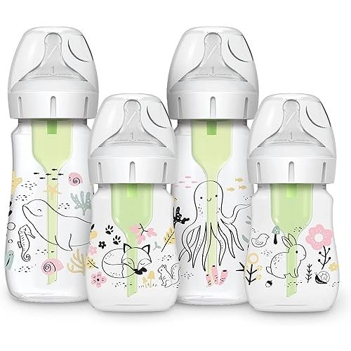 Dr. Brown’s Natural Flow® Anti-Colic Options+™ Wide-Neck Baby Bottle Designer Edition Bottles, Ocean and Woodland Design, 9 oz and 5oz, Level 1 Nipple, 4-Pack, 0m+