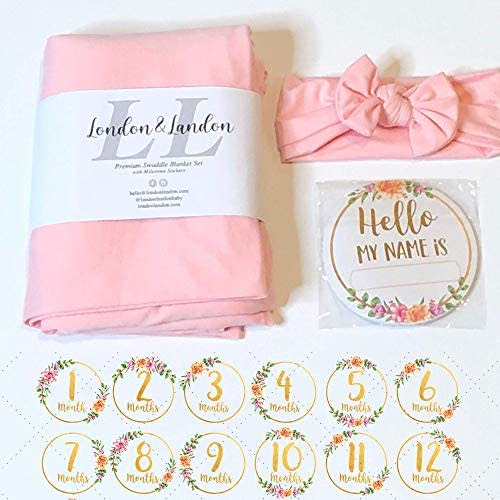 Baby Swaddle Blanket Set Girl with Headband, 13 Milestone Stickers, Memory Newborn Bundle Head Bow, Welcome Home Receiving Infant Month Wrap 48"x48", Newborn Photography Background Prop (Blush Pink)