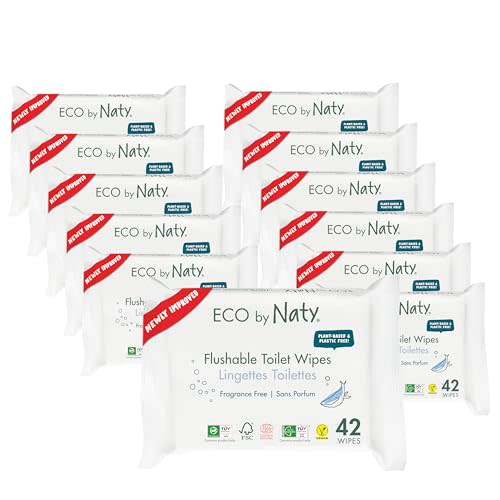 Eco by Naty Flushable Baby Wipes - Compostable and Plant-Based Wipes, Chemical-Free and Hypoallergenic Baby Wipes Safe for Baby Sensitive Skin, 42 Wipes Per Pack (12 Pk)