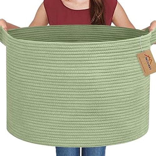 Extra Large Green Basket, 22" X 22" X 14" Woven Cotton Rope Baskets for Blankets, Nursery Wicker Laundry Basket, Kids Toy Storage Bin, Green Living Room Office Decor Baskets for Organizing