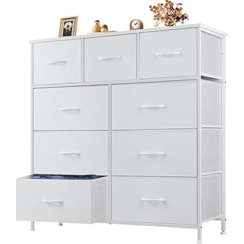 OLIXIS 9 Drawer Storage Dresser with Wood Top - Wide Fabric Chest Organizer for Bedroom, Closet, Living Room,Tower Cabinet, TV Stand, Hallway Entryway Furniture,Bright White