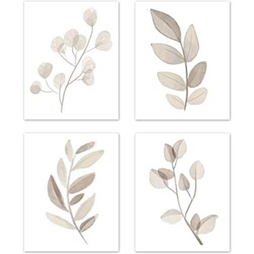 Sweet Jojo Designs Floral Leaf Wall Art Prints Room Decor for Baby Nursery and Kids - Set of 4 - Ivory Cream Beige Taupe White Gender Neutral Boho Watercolor Botanical Woodland Tropical Single Flower