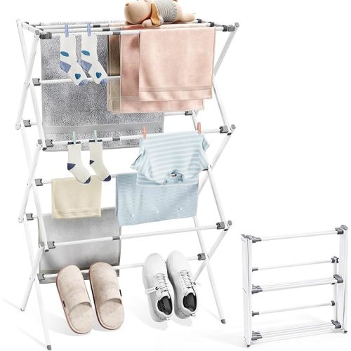 Clothes Drying Rack, Foldable & Extendable Laundry Rack with Adjustable Size (14.57in-35.43inW), Space-Saving, Rust-Resistant Frame & Floor Protection for Indoor/Outdoor Use, White
