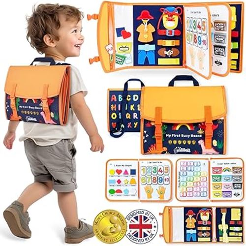 Montessori Busy Board for Toddlers 2-4, Mom's Choice Award Winner Toddler Busy Board Backpack Travel Toy, Fine-Motor skills, Alphabet, Numbers, Shapes, Colors - Sensory Busy Book for Toddlers 1-3