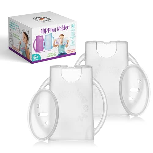 Original Squeeze Proof Flipping Holder 2-Pack with Open Bottom for Food Pouches & Juice Boxes - Multipurpose - Prevent Messes & Support Self-Feeding - Easy Grasping Handles - Made in USA