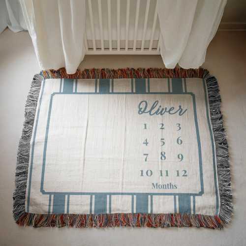 Personalized Baby Milestone Woven Blanket, Custom Striped Name Blanket, Monthly Baby Photo Prop, Newborn Keepsake, Baby Shower Gift Boy