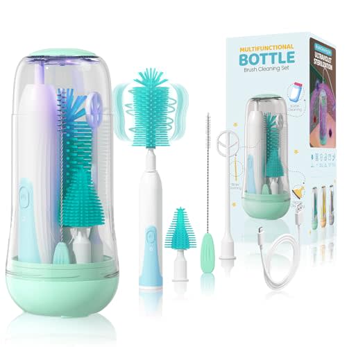 IvyWind Electric Travel Baby Bottle Brush Set with Storage Box, Automatic Bottle Cleaner Brush Kit with Silicone Bottle/Nipple/Straw Brush, Milk Frother Electric and Drainage Rack, Rechargeable, Green