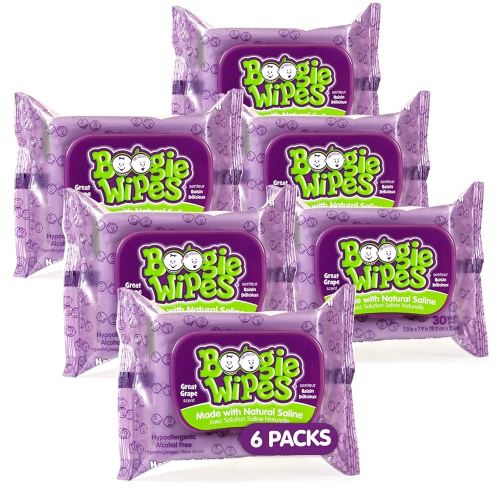 Saline Nose Wipes by Boogie, for Baby & Kids, Face, Hand & Body, FSA/HSA Eligible, Made with Vitamin E, Aloe, and Natural Saline, Grape Scent, 30 Count (Pack of 6)