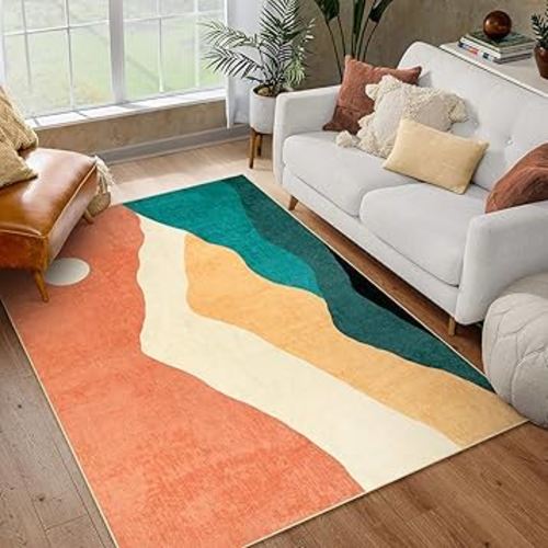 Abstract Large Rugs for Living Room, 5x7 Rug Washable Low Pile Colorful Nursery Rug Non Slip Dining Room Rug, Modern Foldable Faux Wool Super Soft Floor Rugs for Bedroom Office