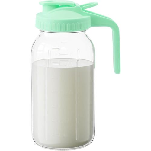 32oz Glass Pitcher with Lid &Pour Spout - 1 Quart Breastmilk Pitcher Double Leak Proof, Creamer Container for Sun Tea, Juice, Cold Brew Coffee, Breastmilk Storage Container -Green Lid