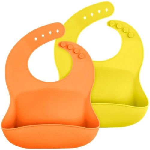 Weesprout Waterproof Silicone Baby Bibs, Pocket To Catch Food - Set Of 2 (orange, Yellow)