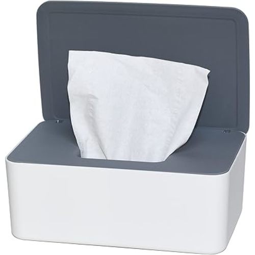 Diaper Wipes Dispenser, Tissue Storage Box Case, Wet Wipe Dispenser Holder with Lid for Home, Office, Cars (Gray-White)