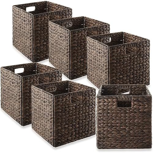 Casafield 12" x 12" Water Hyacinth Storage Baskets, Espresso - Set of 6 Collapsible Cube Organizers, Woven Bins for Bathroom, Bedroom, Laundry, Pantry, Shelves