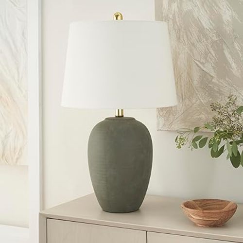 Nourison 23" Olive Green Ceramic Pot Table Lamp for Bedroom, Living Room, Dining Office, with White Tapered Drum Shade