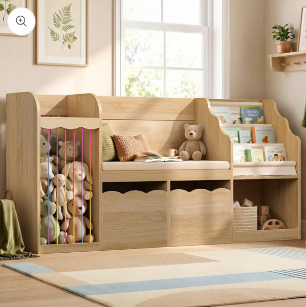 Toy Bin Storage and Bookshelf in Natural Wood