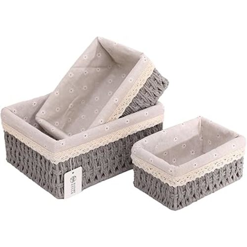 Small Paper Storage Baskets - Eco-Friendly Nesting Organizers with Removable Liners, Handmade Recycled Rope Bins for Bathroom Desk Shelf Makeup Organization Set of 3