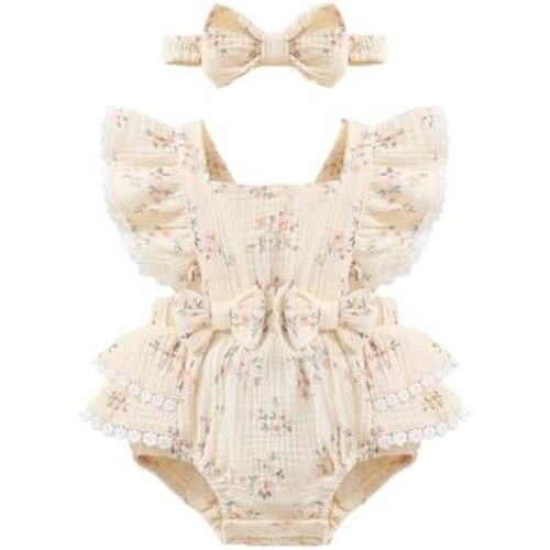 Baby Girl Summer Clothes Ruffle Sleeve Cotton Linen Romper Dress Infant Girls Lace Trim Bodysuit with Headband