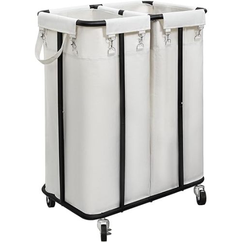 WOWLIVE Double Laundry Hamper with Wheels 170L Rolling Laundry Basket Organizer Laundry Cart with Steel Frame and Removable Bags Large Dirty Clothes Hamper Dorm Room Storage for Bedroom (Beige)