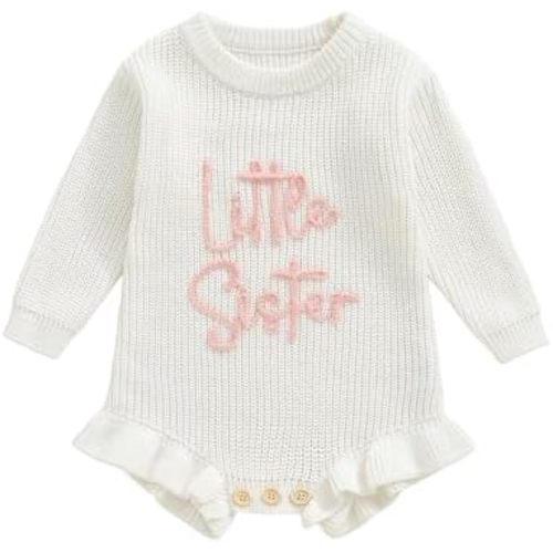 YINGISFITM Little Sister Newborn Outfit Baby Girl Knit Sweater Romper Lil Sis Onesie Newborn Clothes for Girls Cute Outfits