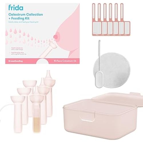 Frida Mom Colostrum Collection Kit, Catch, Store & Feed Breastmilk, Includes 6 Colostrum Collectors, 6 Labels, Cleaning Brush, Cloth & Case, Hospital Bag Ready, Safe Materials, 15pc kit