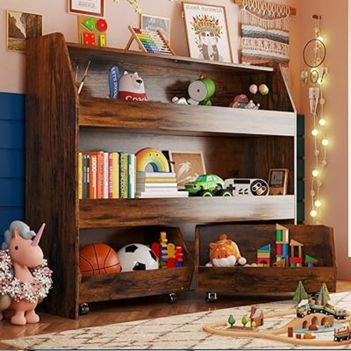 COZPAW Toy Storage Organizer with Movable Drawers, Toys Organizer Bookshelf for Toddlers, Toys Cabinet Chest, Bookcase Storage Bins for Kids Room Bedroom Living Room Nursery, 3 Tier Brown