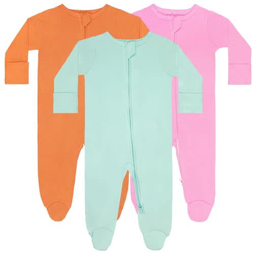 GUISBY Long Sleeve Baby Footed Pajamas with Mittens Cotton Sleepers with Zipper 3-Pack