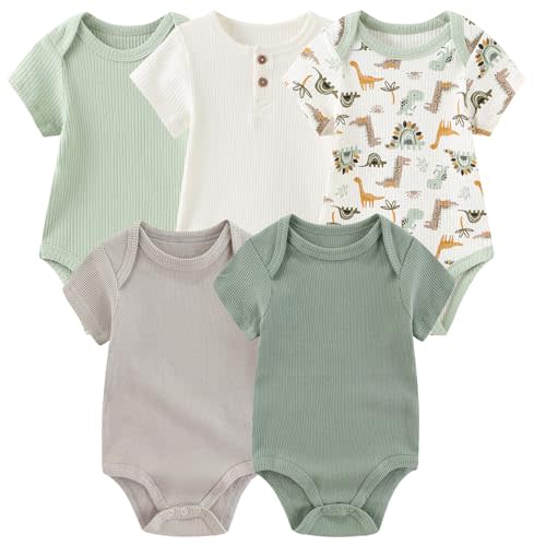 MAMIMAKA Newborn Baby Short Sleeve Bodysuit Cotton One-Piece Baby Clothes 5-Pack, 0-12 Months