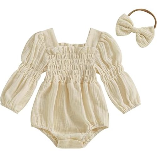 Smocked Baby Girl Clothes Newborn Girl Bubble Romper Long Sleeve Jumpsuit And Headband Outfit Cute Infant Clothing