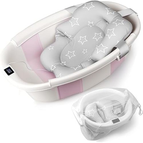 Baby Bathtub, Baby Bath Tub with Thermometer & Soft Cushion, Collapsible Infant Bathtub for Newborn to Toddler 0-36 Months, Quick Use & Portable for Travel(Pink)