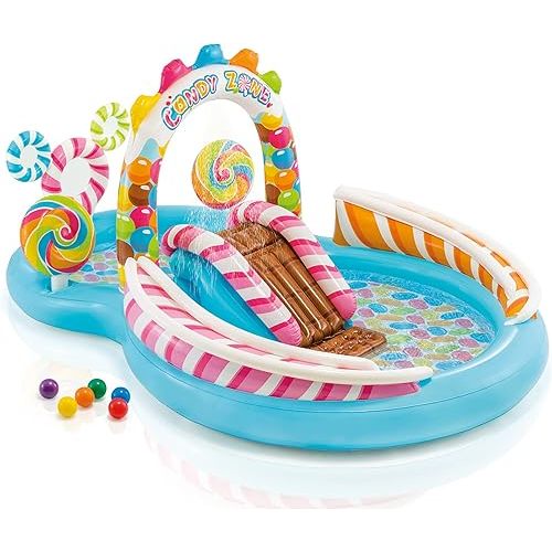 INTEX Candy Zone Inflatable Kiddie Pool: Inflatable Kids Pool with Water Sprayer and Slide – Splash Pad – 116" x 75" x 51" – Ages 3+
