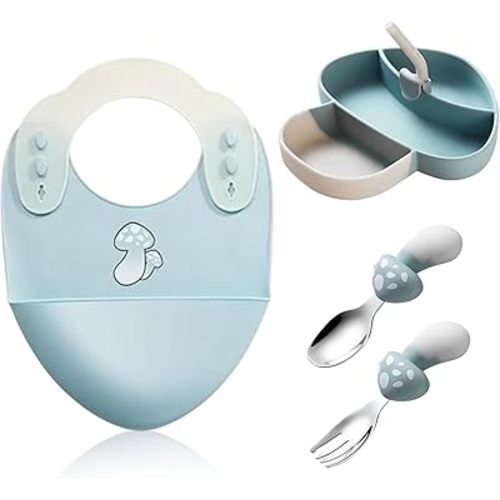 ZYLOSTORE Baby Feeding Set, Silicone Bowl & Utensils, Blue, Cartoon Pattern, 6-Piece