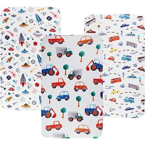 Bassinet Sheet Set 3 Pack (32" x 19") Compatible with Mika Micky, Baby Delight, Dream On Me Bassinet Mattress, Jersey Knit Ultra Soft Flexible for Baby Boys Girls,Rocket Satellite,Car & Bus