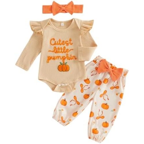 Newborn Baby Girl Halloween Outfit Letter Pumpkin Embroidery Long Sleeve Romper Pants Set Cute Infant Fall Clothes