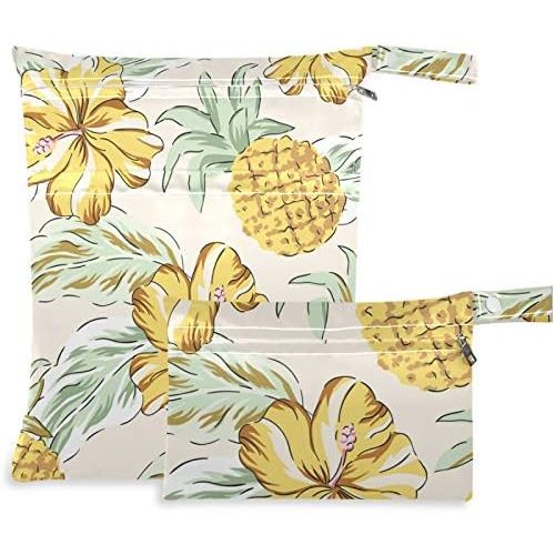 visesunny Tropical Yellow Pineapple and Flower 2Pcs Wet Bag with Zippered Pockets Washable Reusable Roomy for Travel,Beach,Pool,Daycare,Stroller,Diapers,Dirty Gym Clothes, Wet Swimsuits, Toiletries